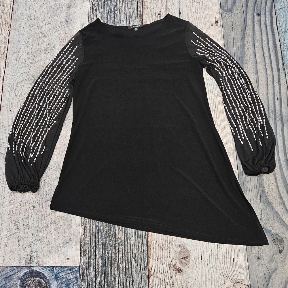 Marina Asymmetric Black Tunic Embellished Chiffon Sleeves Women's Size Medium